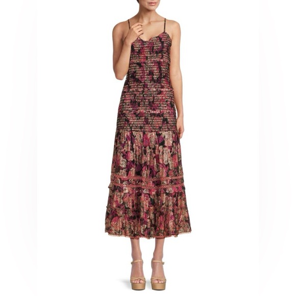 Hemant & Nandita Smocked Floral Metallic Tiered Maxi Dress Anthropologie REVOLVE - Picture 4 of 9